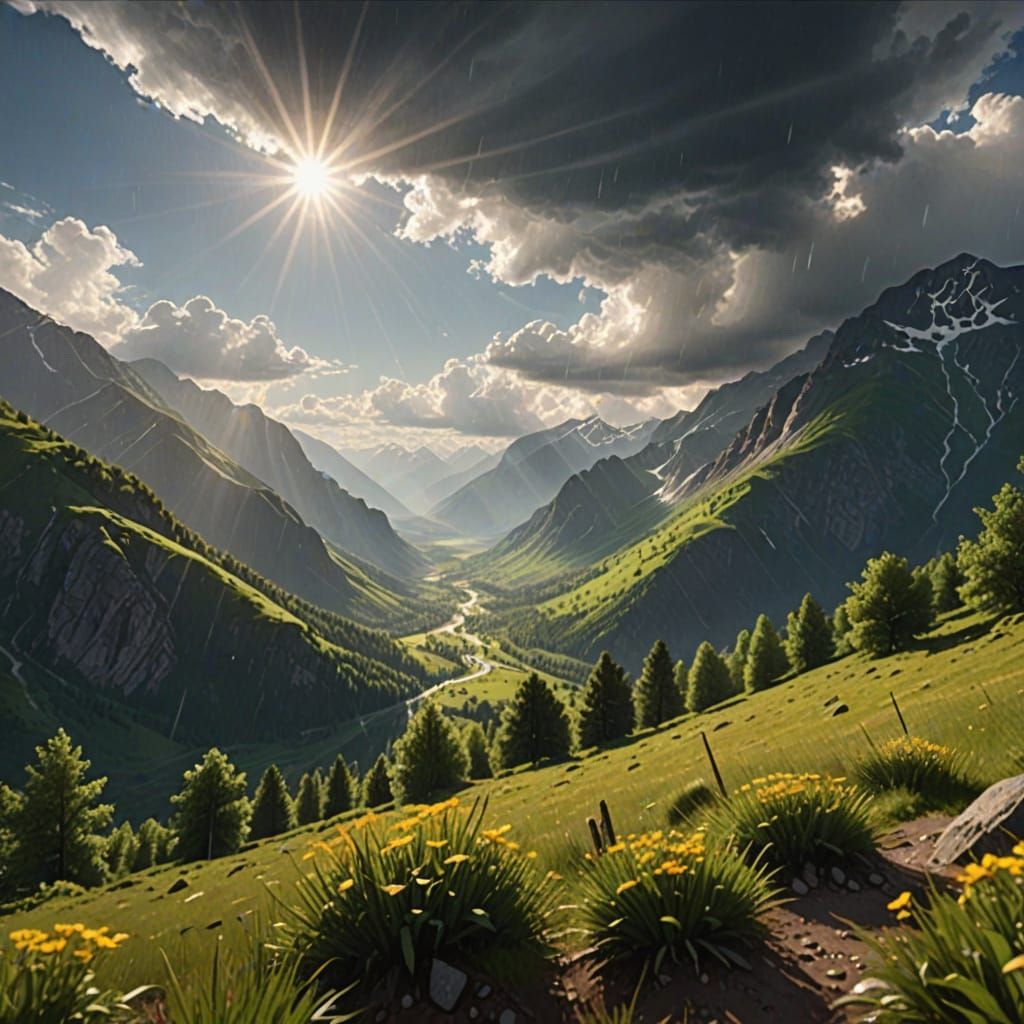 Sunny Rainy Day in Mountains with Cinematic Lighting