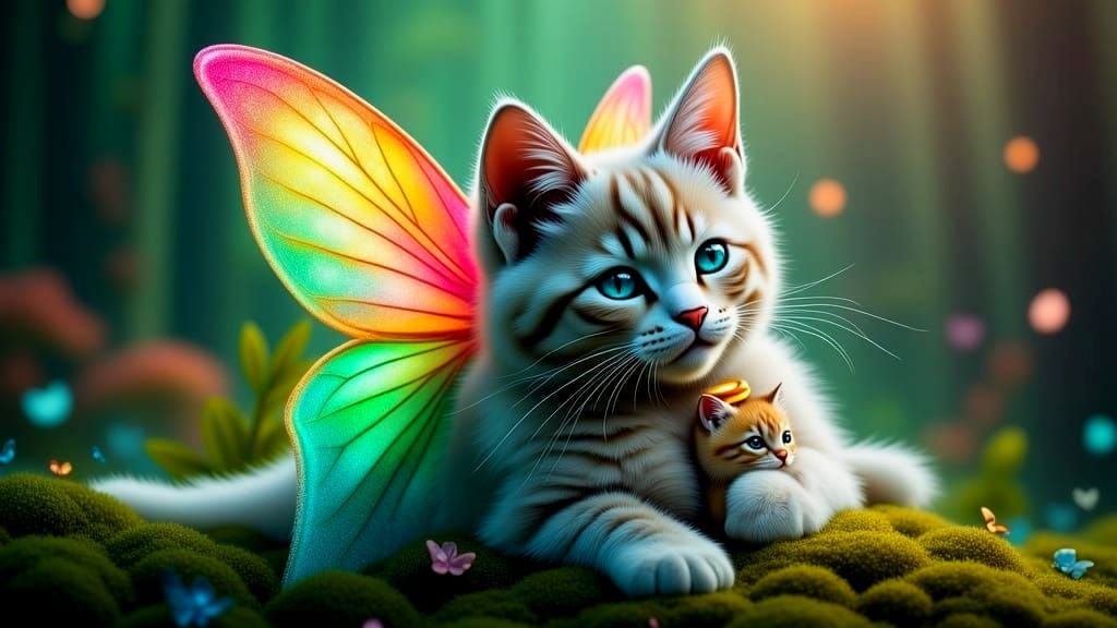 Glowing Aurora Cat Fairy with Baby Kitten
