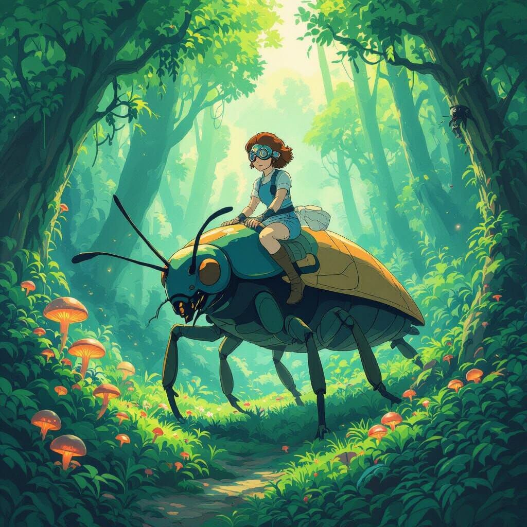 Nausicaä Rides Giant Insect Through Post-Apocalyptic Forest