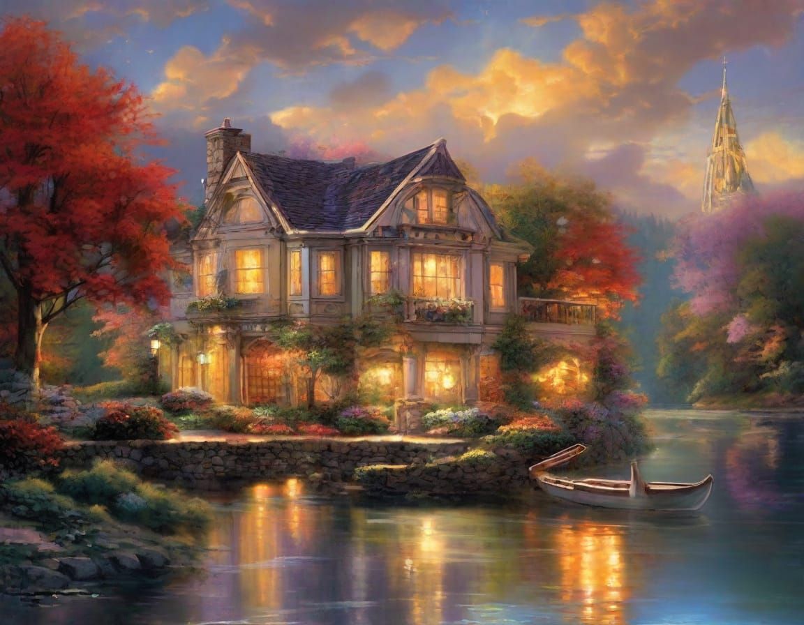 Dreamy Night Lake with Starry Sky and Crimson Forests