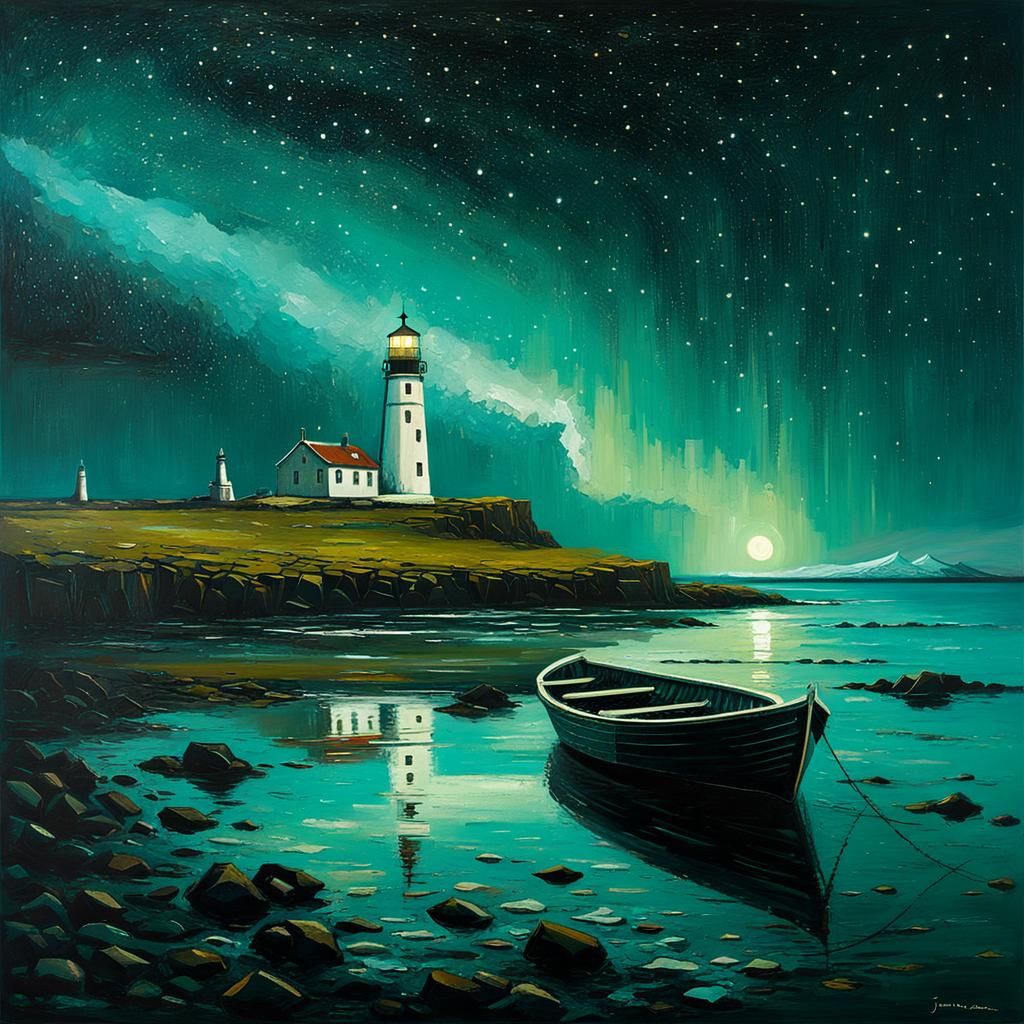 Iceland Lighthouse at Night in Oil Painting Style
