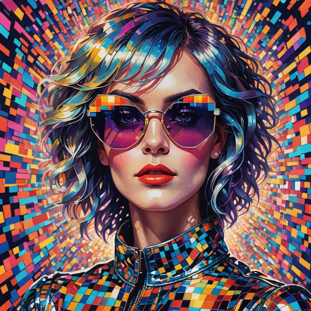 Vibrant Pointillist Portrait with Pixelated Details