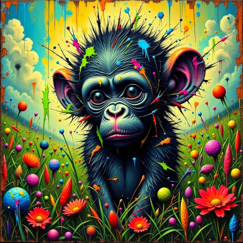 Impasto Painting of Fluffy Chimpanzee in Alien Landscape