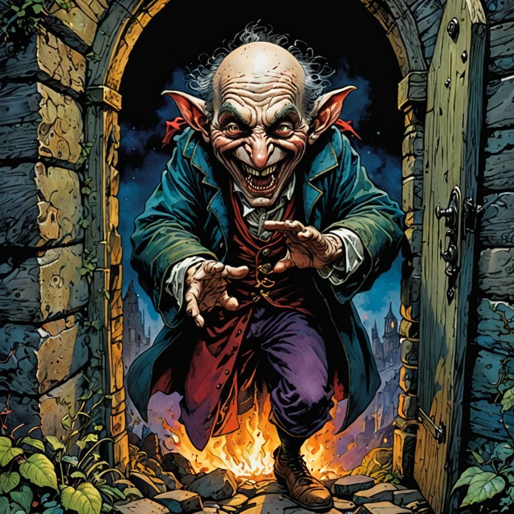 Diabolic Hunchback at Dark Portal: Vibrant Mixed Media