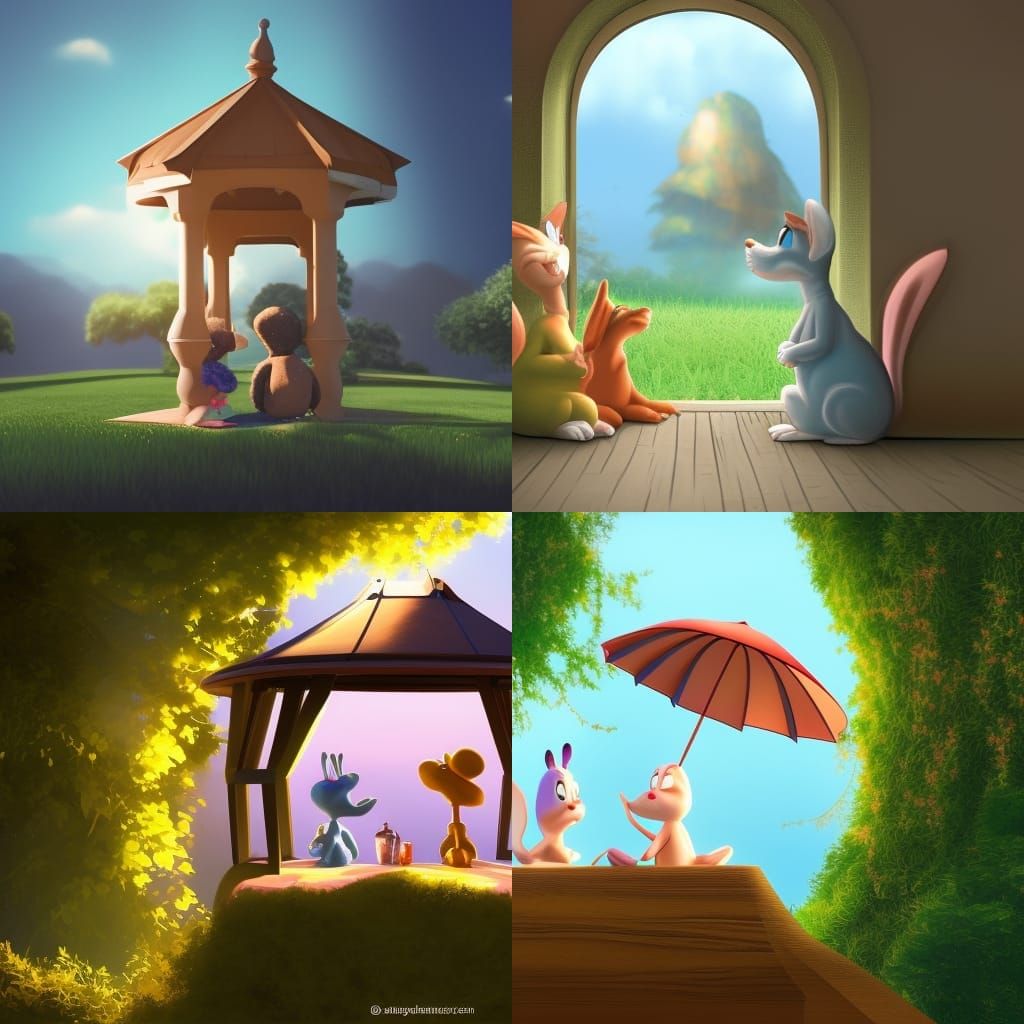 Bunnies Gazing Skyward in Gazebo: 3D Digital Art