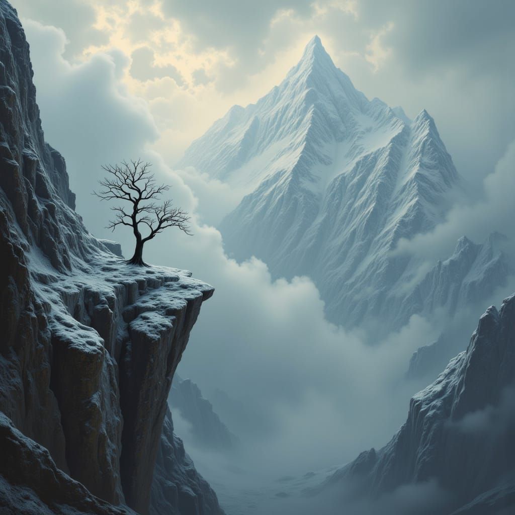 Eerie Snow Mountain Summit in Dramatic Light