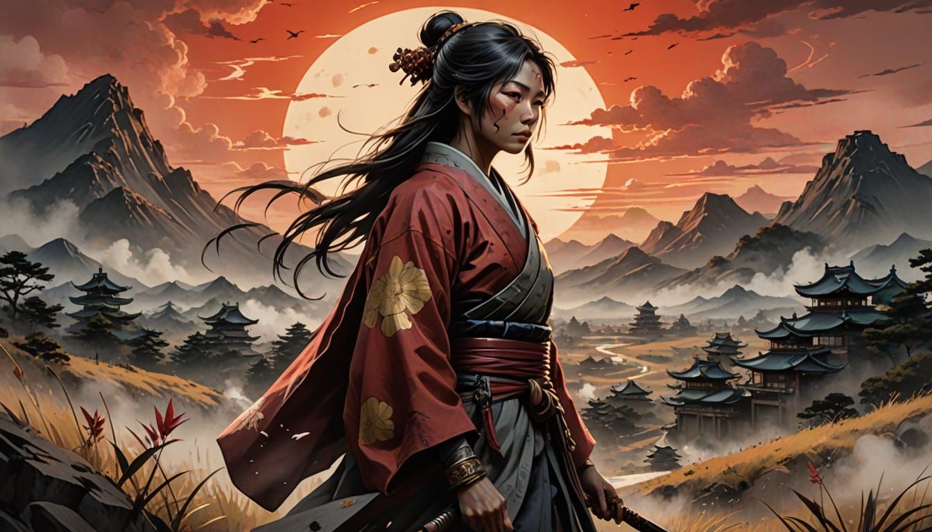 Tomoe Gozen Sumi-e Ink Painting on Battlefield