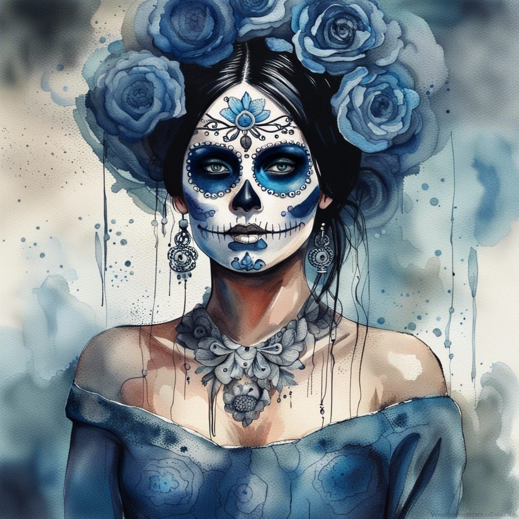 Day of the Dead Woman Portrait in Watercolor