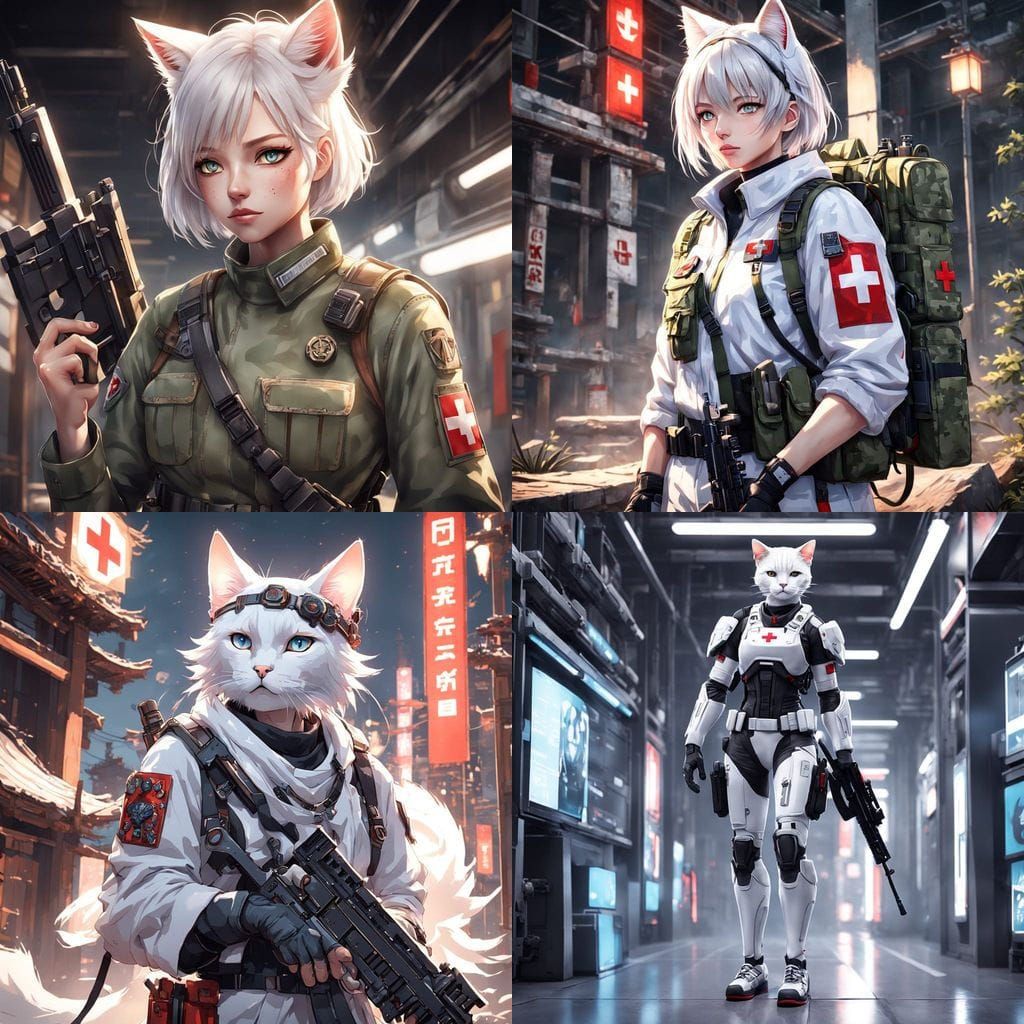 Surreal Anime Warrior with White Feline Ears and Olive Skin