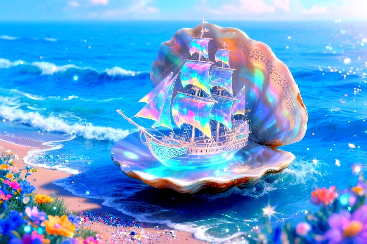 Bioluminescent Ship of Pearls in Starry Night