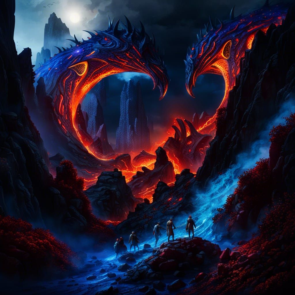 Atlanteans and Elves on Lava Mountain, Fantasy Art