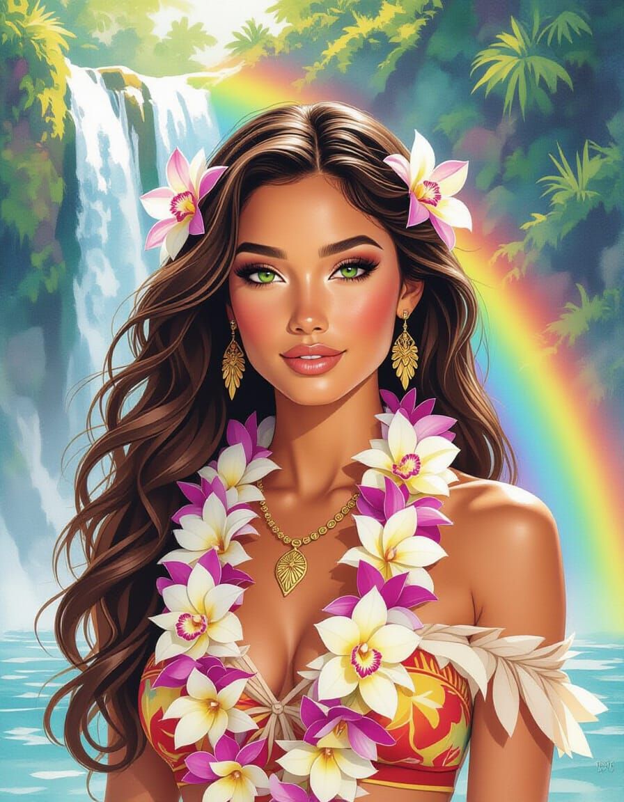 Hawaiian Goddess with Orchid Lei: Impressionistic Watercolor