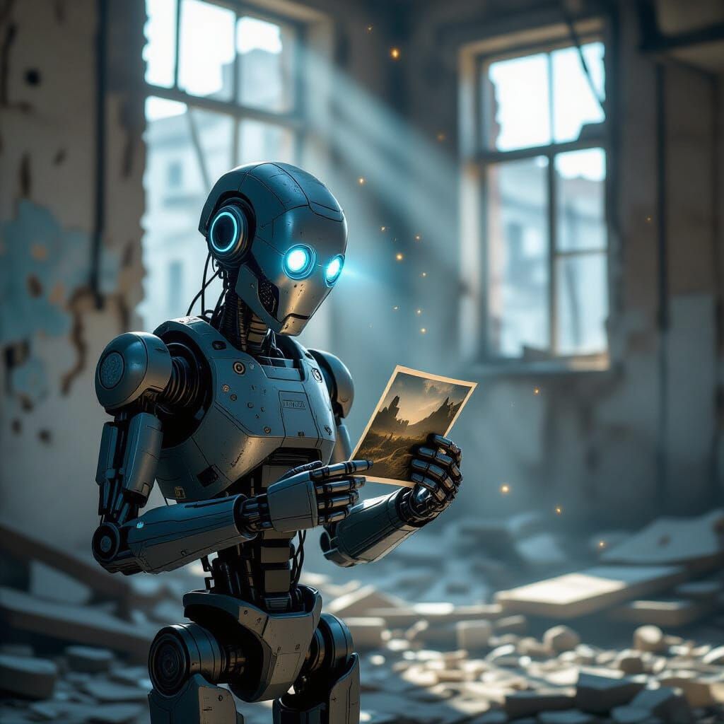 Weathered Robot in Ruined Office, Holding Photograph