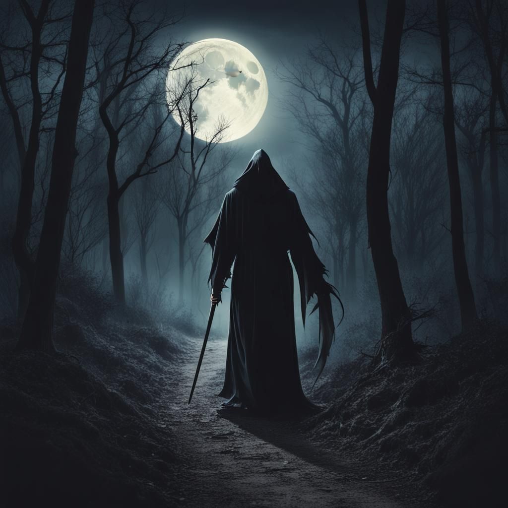 Grim Reaper Walks in Moonlight Forest