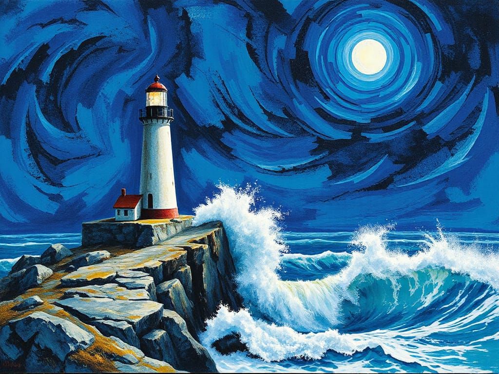Solitary Lighthouse on Moonlit Cliffs