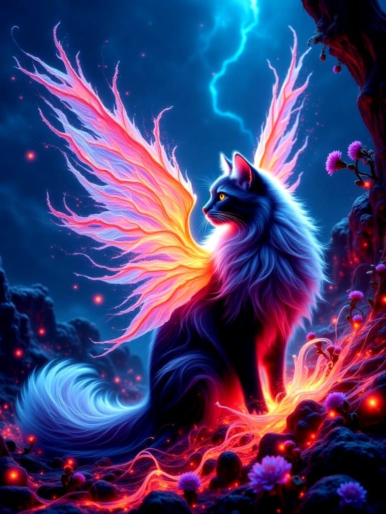 Elegant Cat with Fairy Wings in Fantasy Landscape