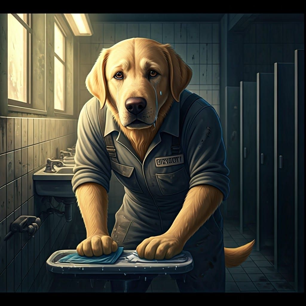 Labrador Janitor in Anime Style Cleans Sink