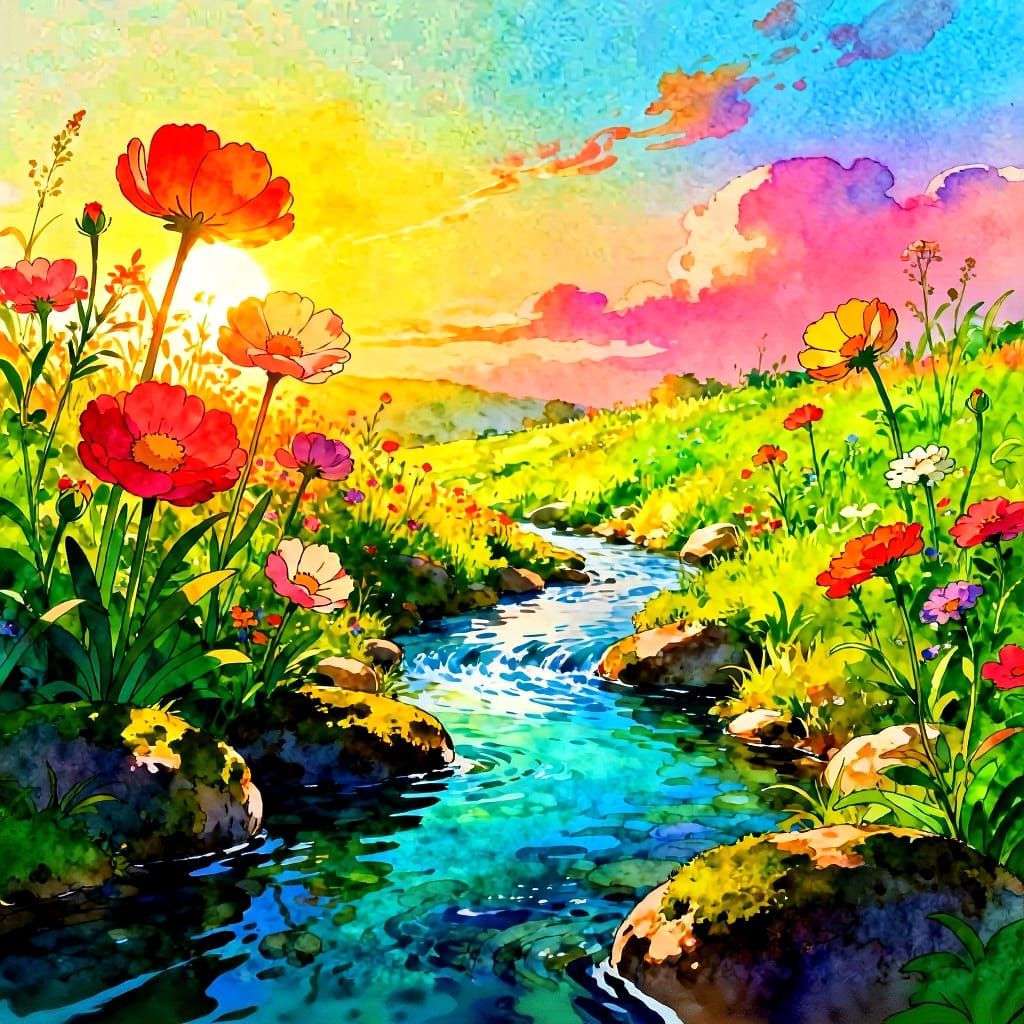 Sun-Drenched Meadow with Crystal Stream in Studio Ghibli Sty...