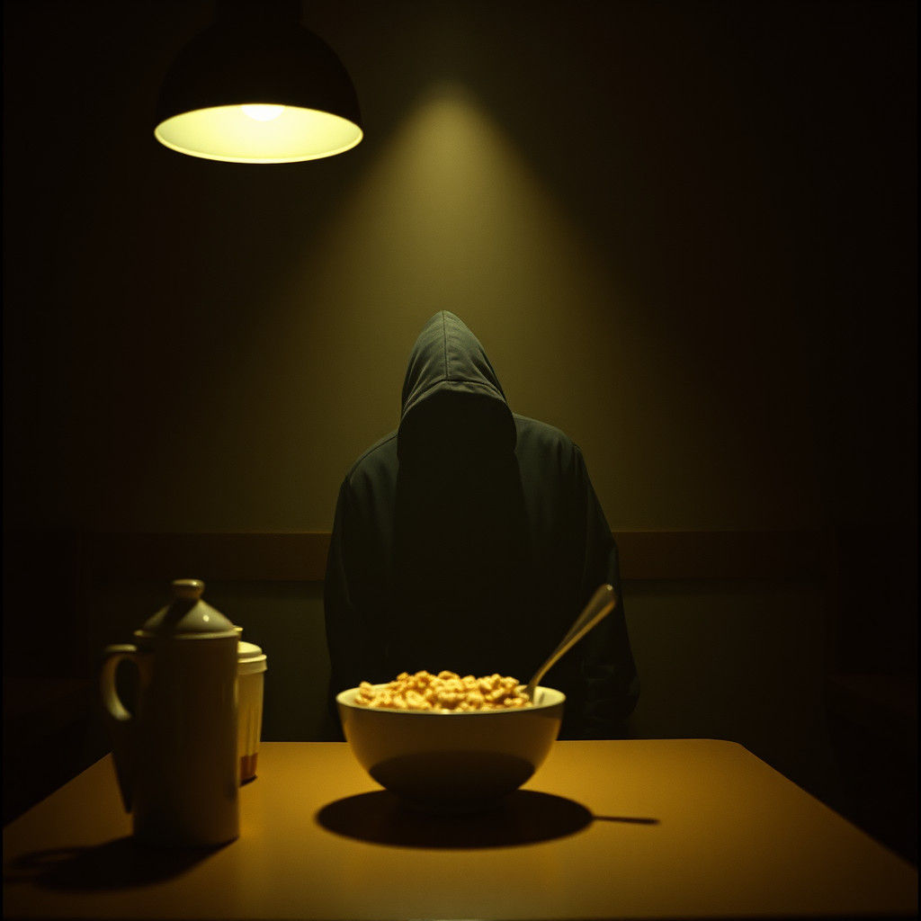 Cereal Killer in Retro Diner, Gritty Film Aesthetic