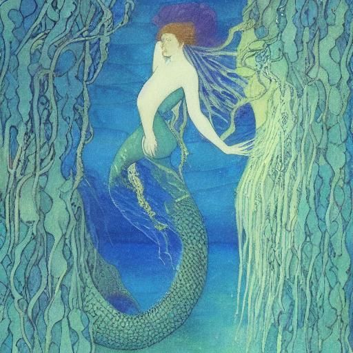 Art by Edmund Dulac, majestic underwater depiction of a mermaid with her hippocampus pet, iridescent scales, flowing man...