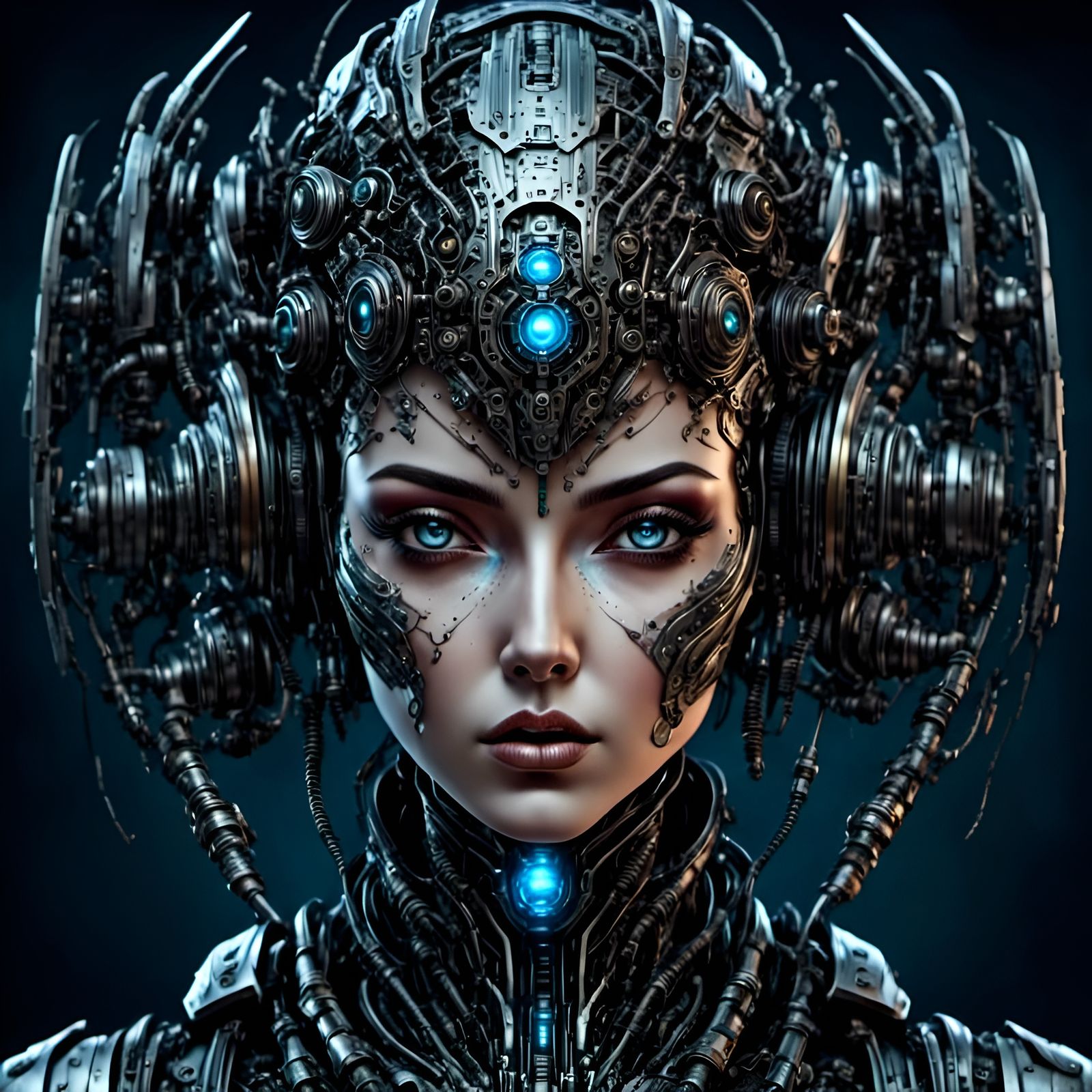 Android God with Glowing Eyes in Cyberpunk Style