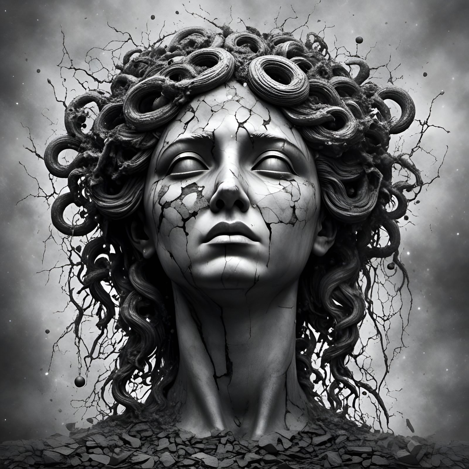 Medusa Portrait in Broken Stone, Black and White