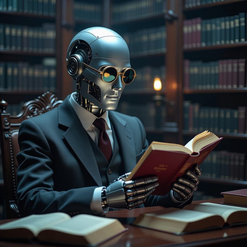 Android Reading in Dark Library, Syd Mead Style