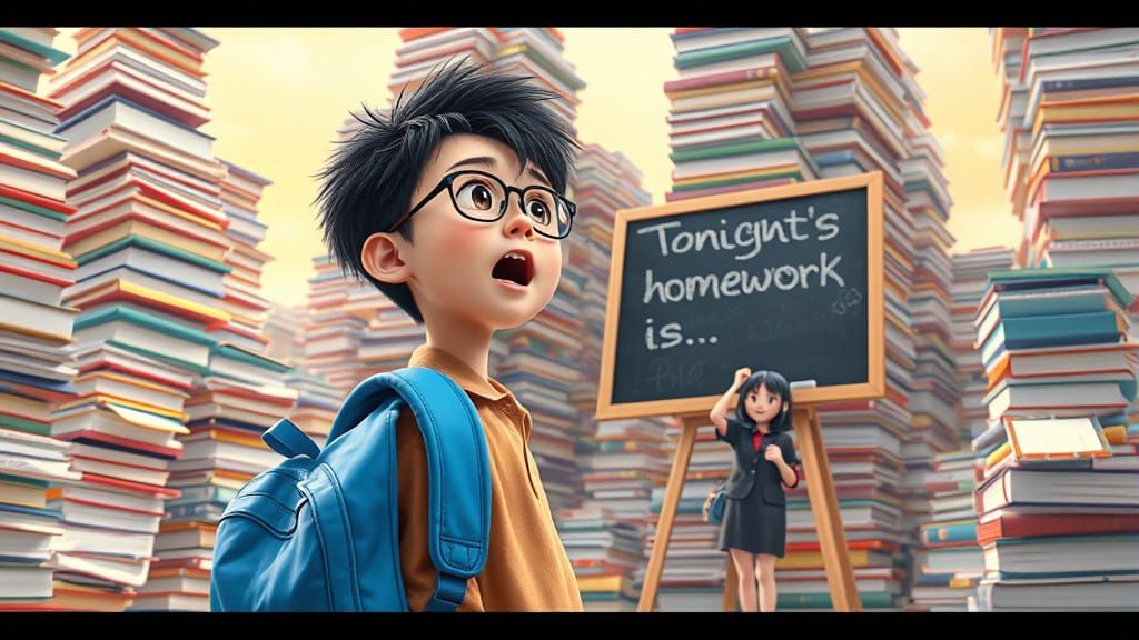 Overwhelmed Student Gazing Up at Mountains of Homework