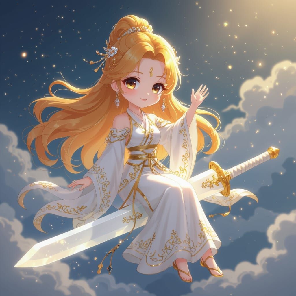 Cute Anime Girl on Flying Sword in Mystical Sky
