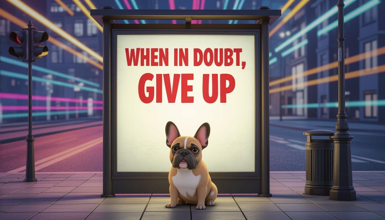 French Bulldog Under Motivational Bus Stop Sign
