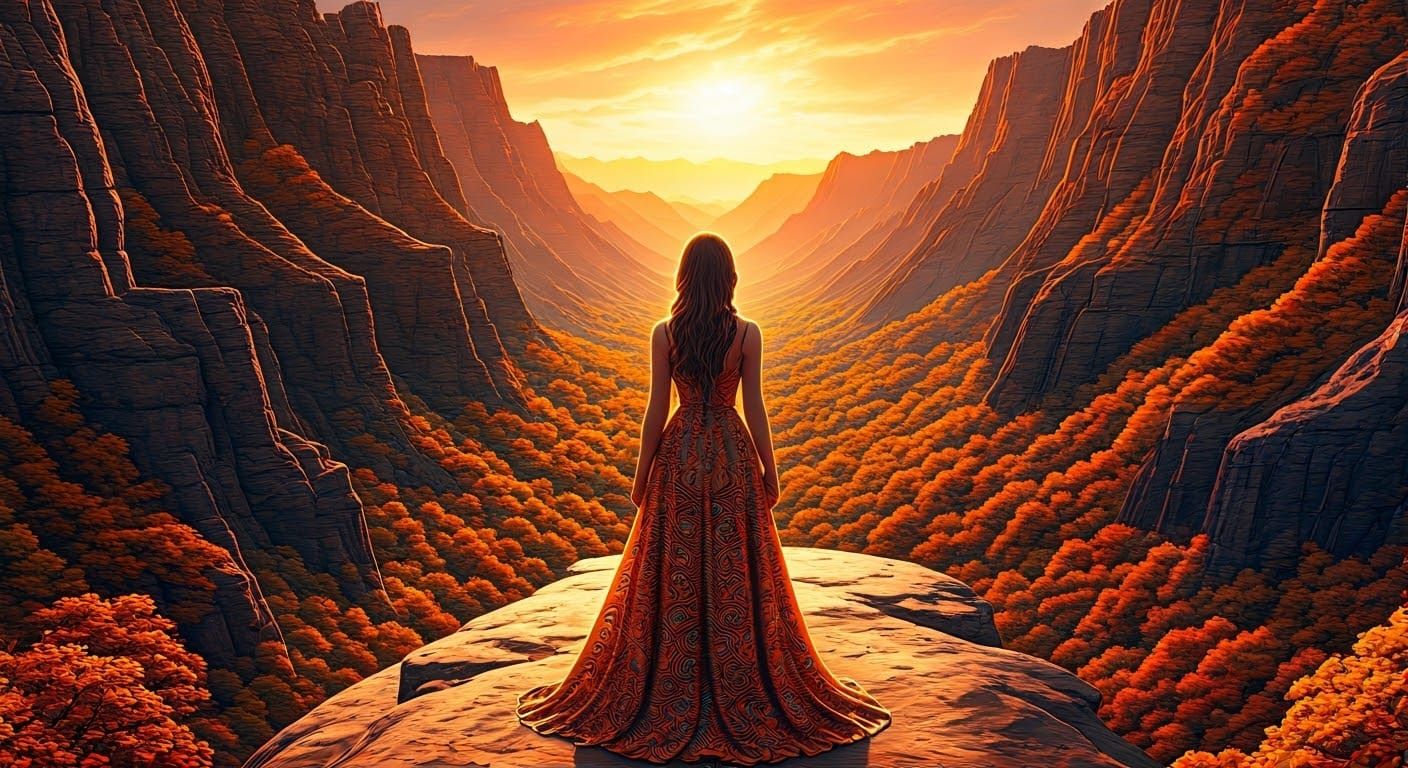 Woman in Autumn Dress at Canyon's Edge