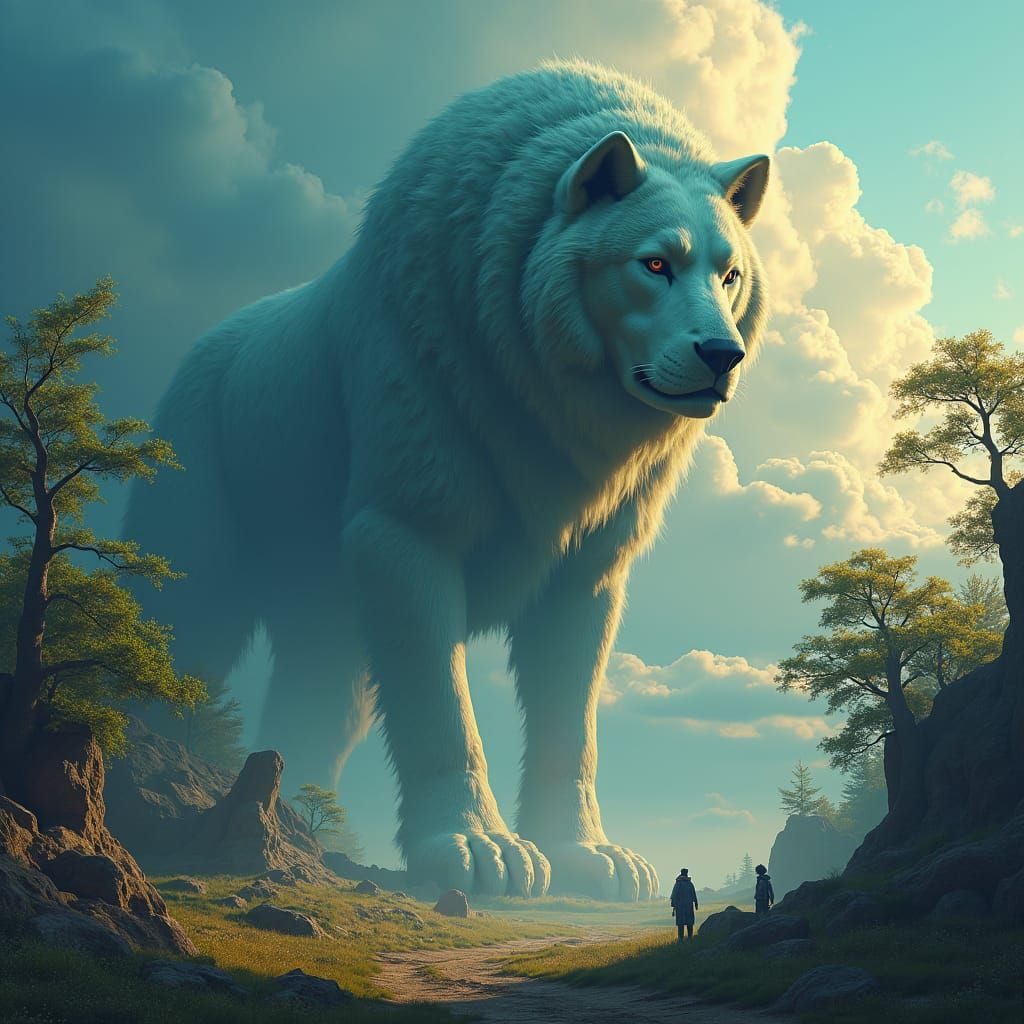 Colossal Canine in Hyper-Realistic Fantasy Landscape