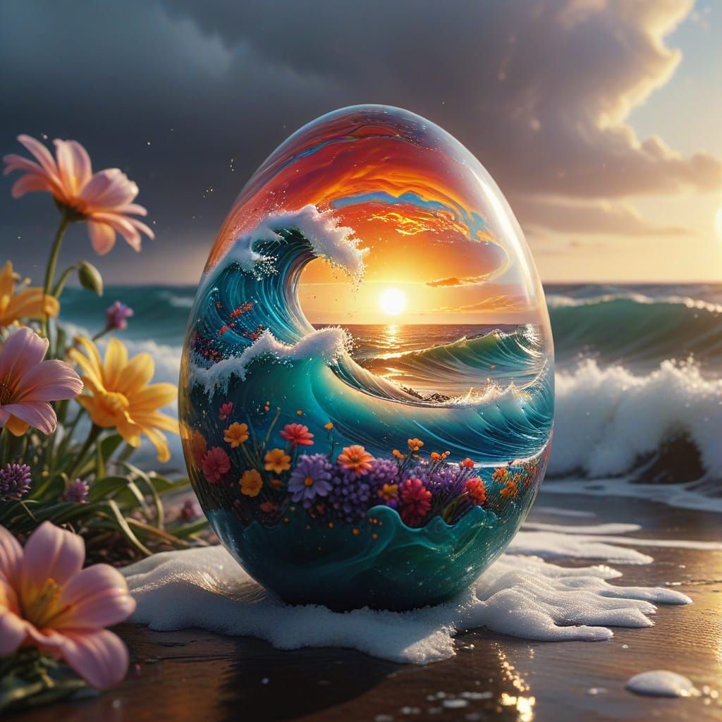 Golden Glass Egg Contains a Frozen Sea Wave with Vibrant Flo...