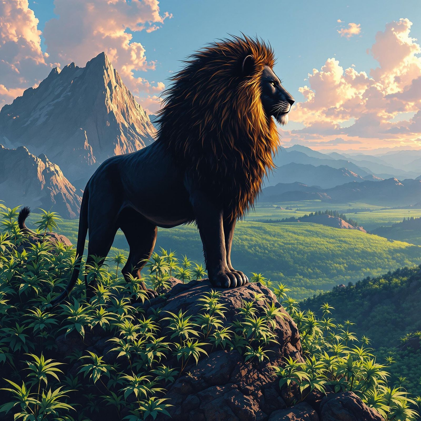 Regal Lion with Golden Mane in Vibrant Fantasy Landscape