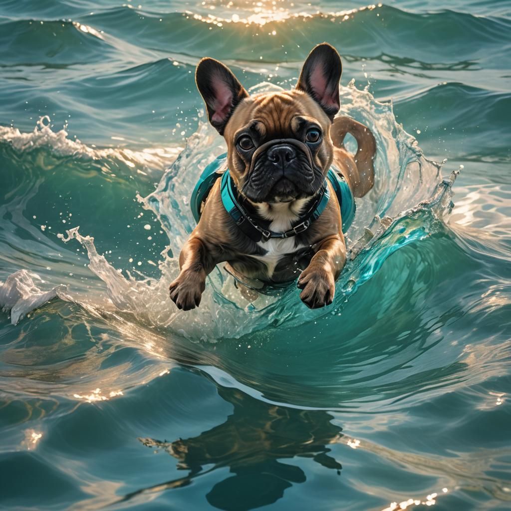 French Bulldog Diving in Turquoise Ocean as Digital Art