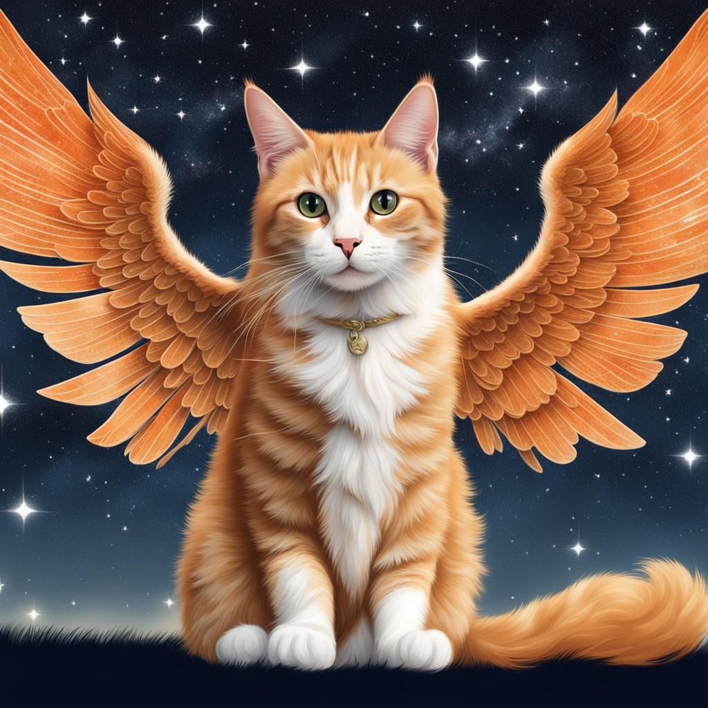 Tabby Cat with Angel Wings in Starry Sky