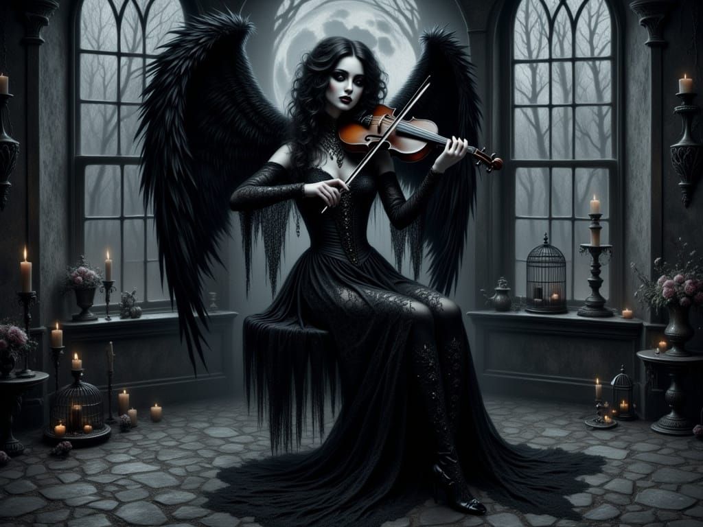 Gothic Angel Sits in Bird Cage Swing, Long Black Dress Drags...