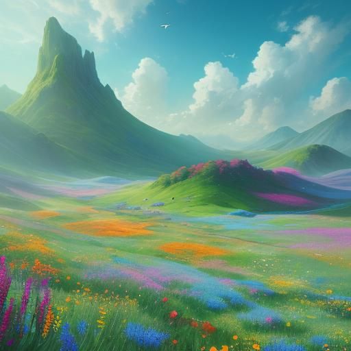 Vibrant Fantasy Landscape with Wildflowers, Digital Art