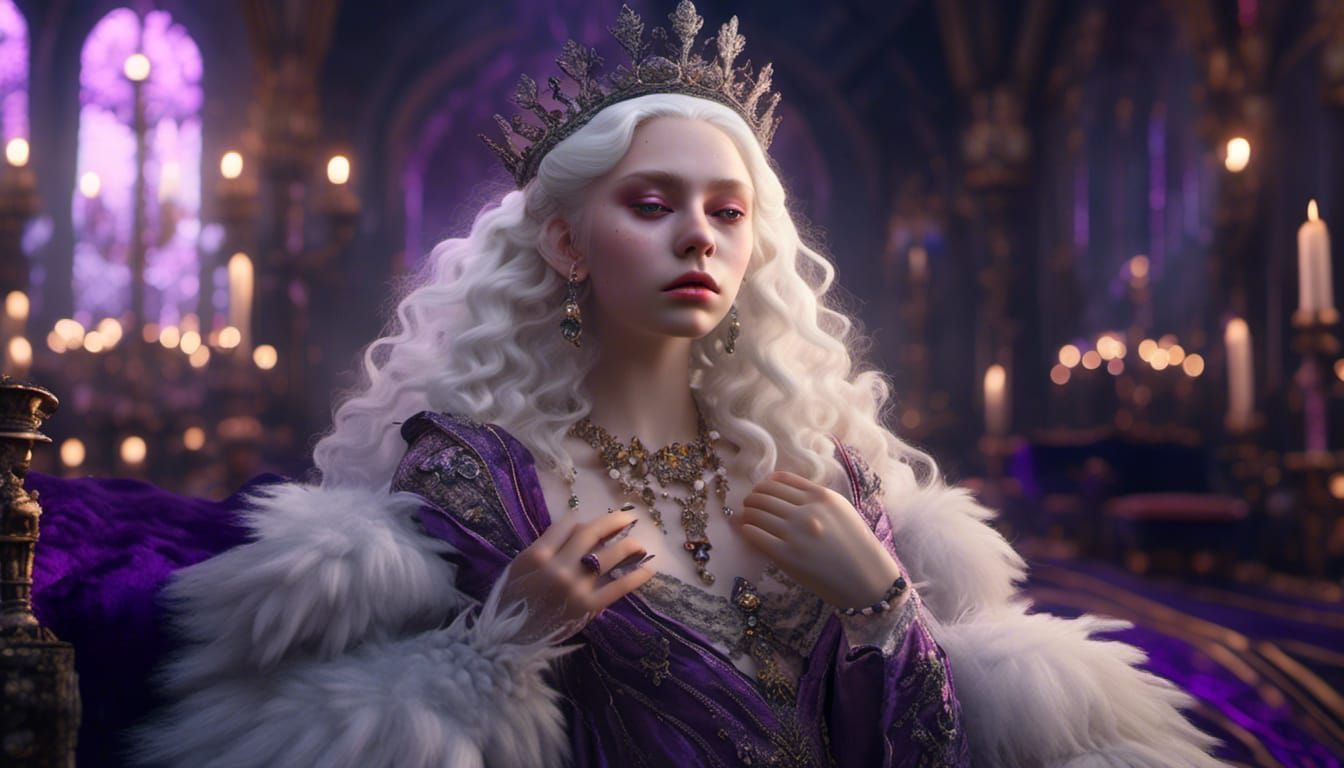 Albino Queen in Dark Baroque Castle, Hyperrealism