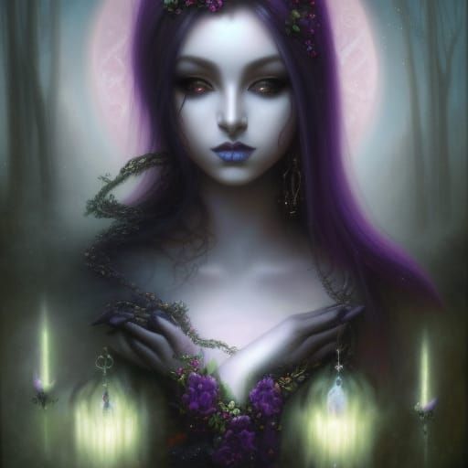 Ethereal Dark Elf with beautiful long black hair & dark purple skin& green eyes& black eyeshadow & black lipstick & goth...