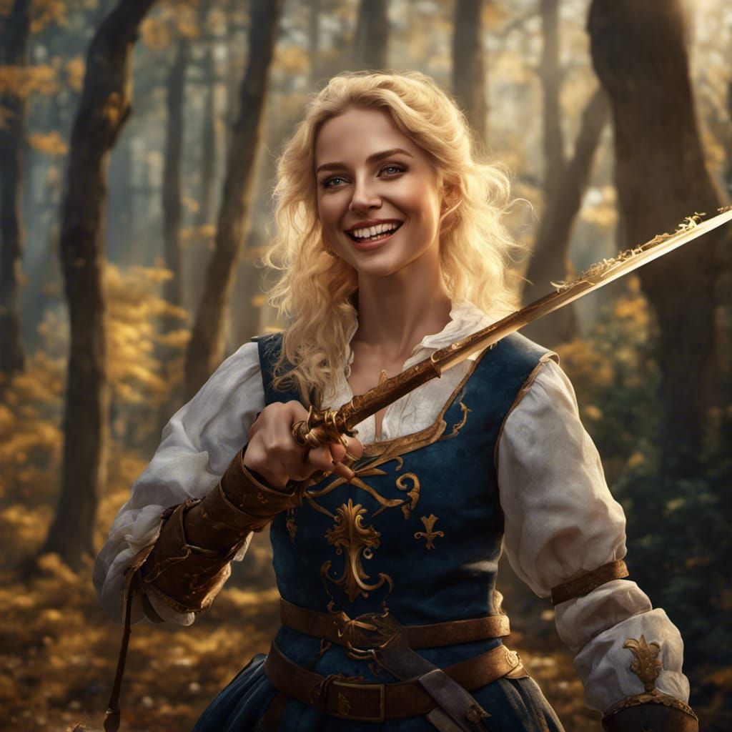Blonde Bard Fighting in Oak Forest, Photorealistic