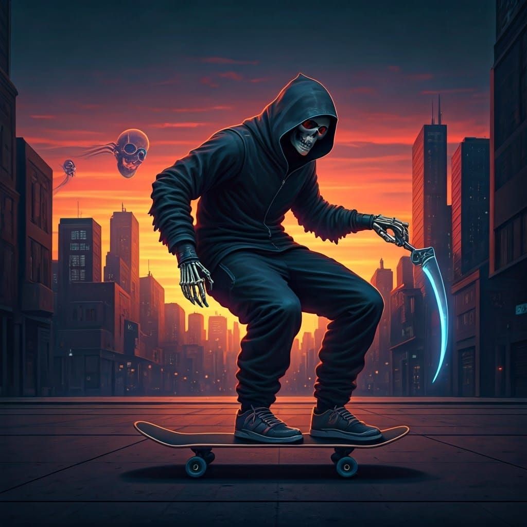 Grim Reaper Skateboarding at Dusk: A Digital Painting