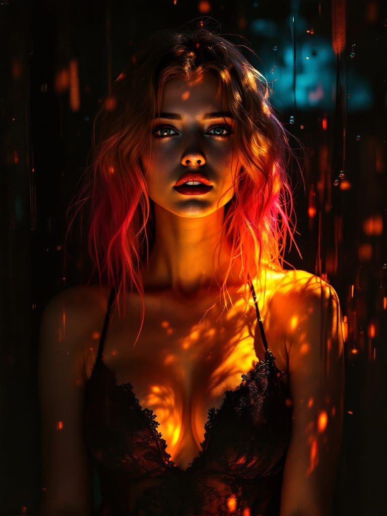 Pin Up Woman in Luminous Twilight, Painterly Dissolution