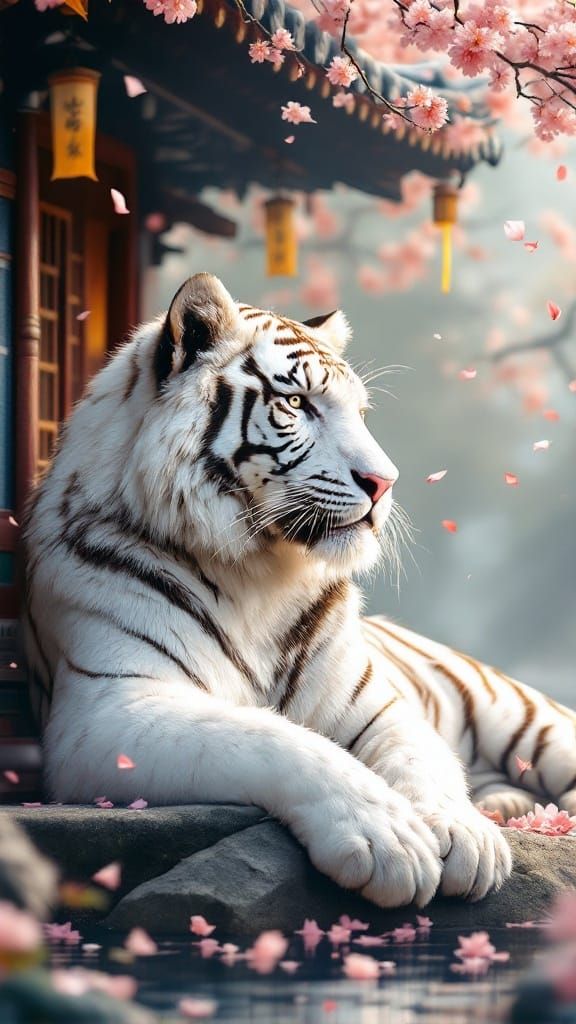 Serene White Tiger Beside Misty Japanese Temple