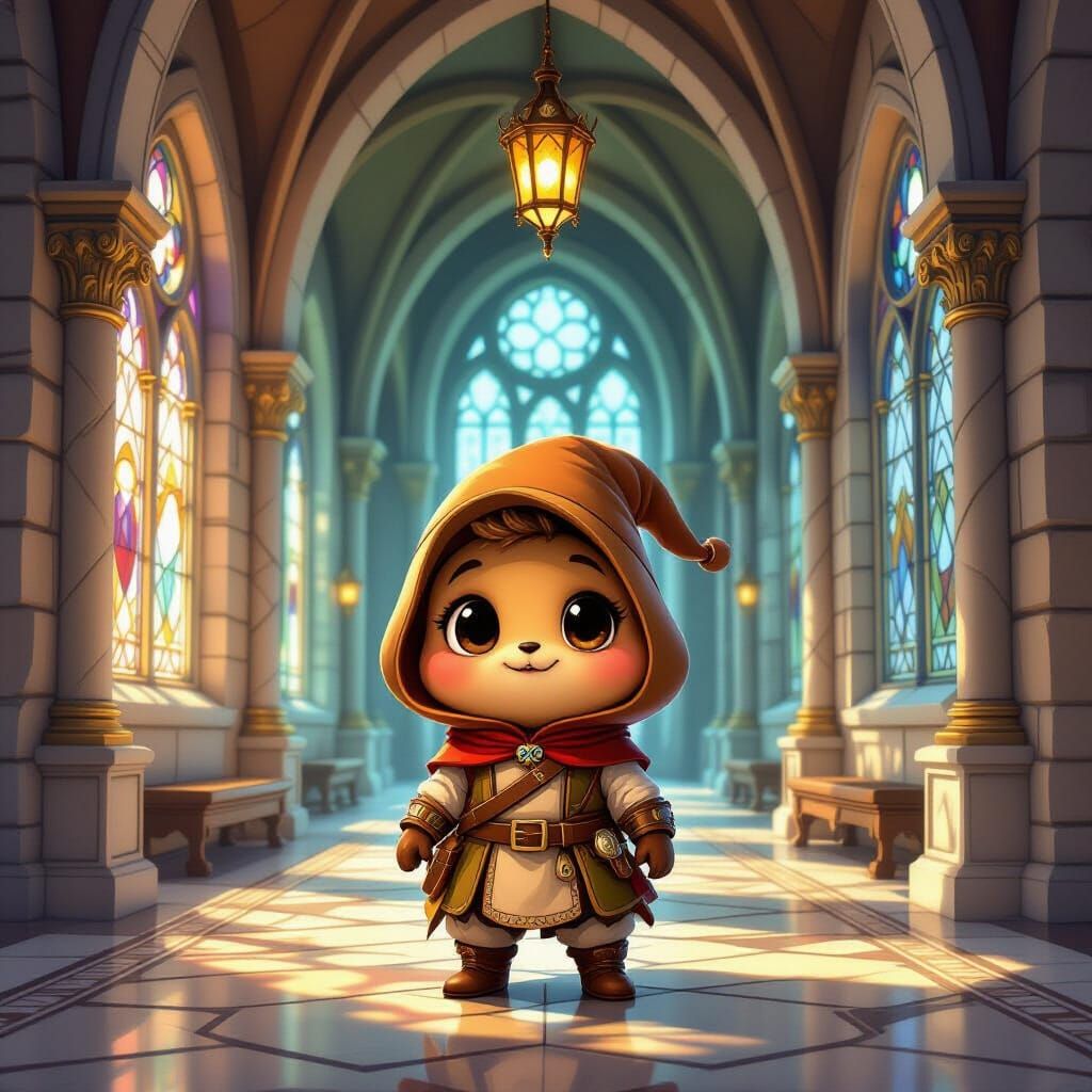 Whimsical Bean Character in Majestic Castle Halls