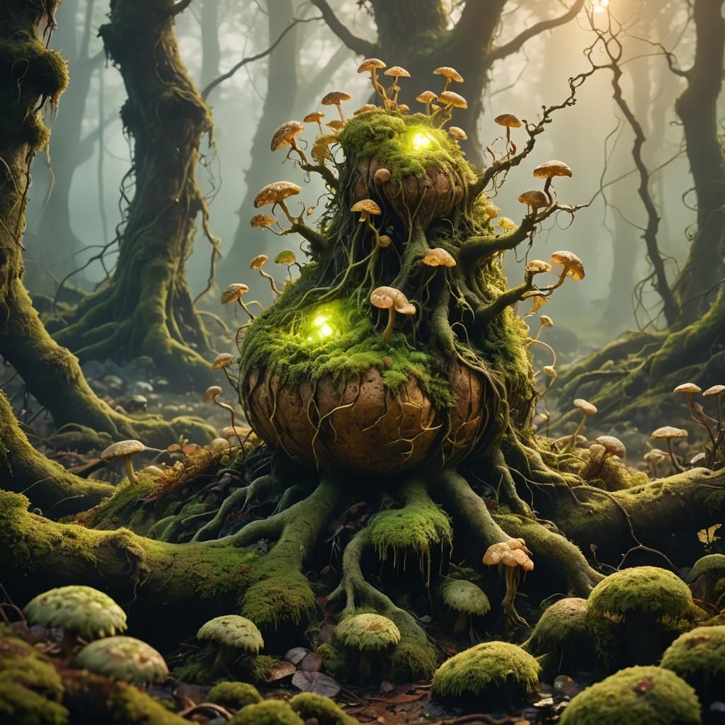 Mystical Forest: Ancient Potato with Glowing Fungi