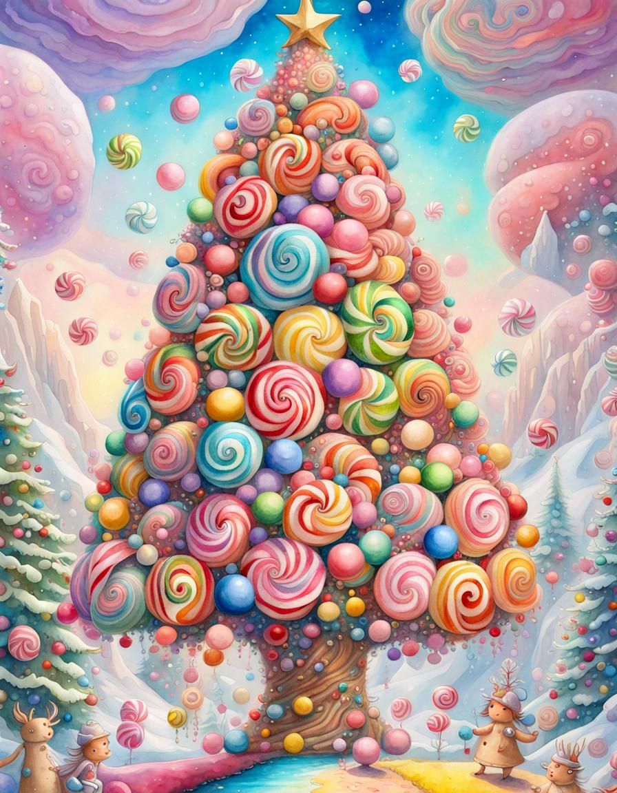 Candyland Christmas Tree in Watercolor Art Style