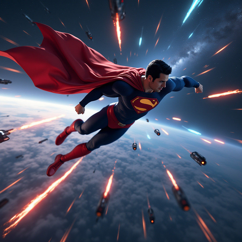 Superman in Space Evading Laser Fire in 8k
