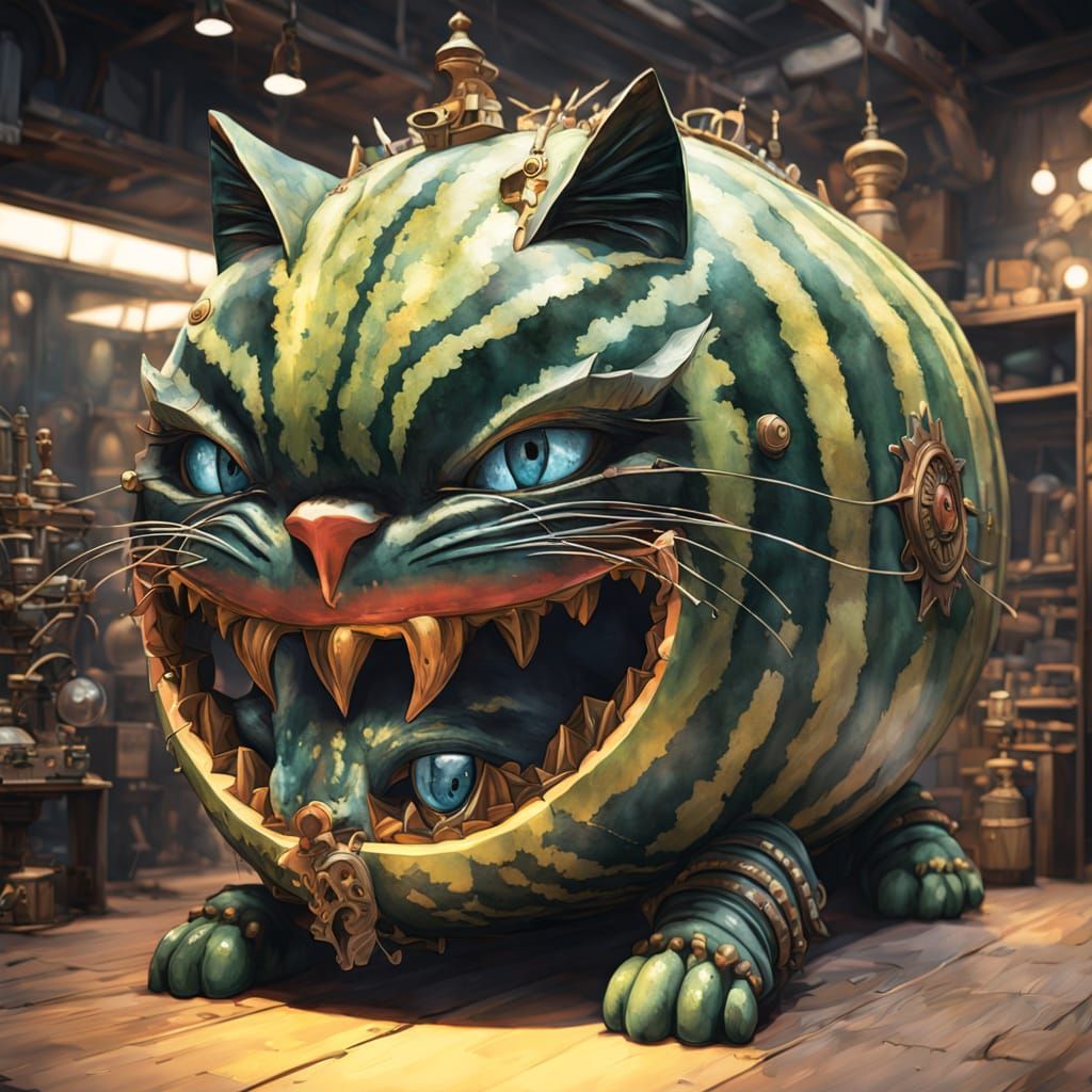 Fantastical Watermelon Cat in Ethereal Light