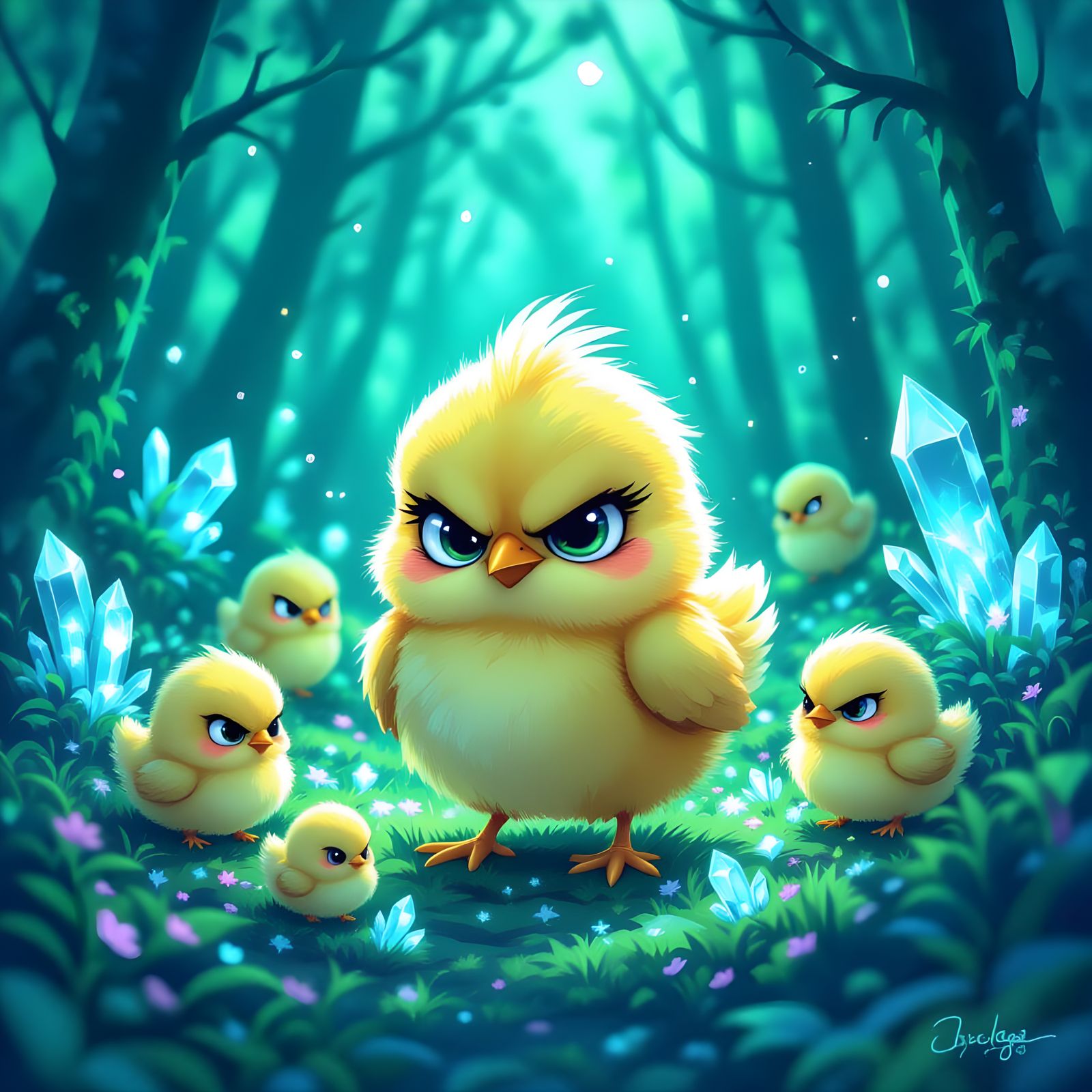 Pixar-Style Grumpy Chicks in Bioluminescent Forest